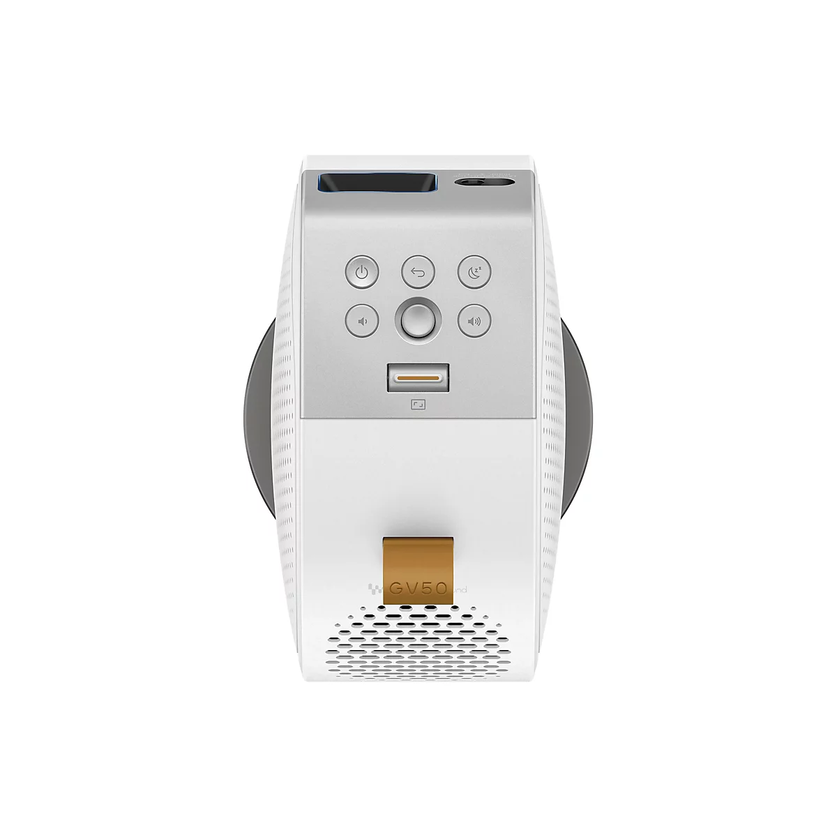 Un projecteur blanc et compact avec des boutons de commande, un port USB et une grille en bas. Le boîtier porte la mention "GV50".