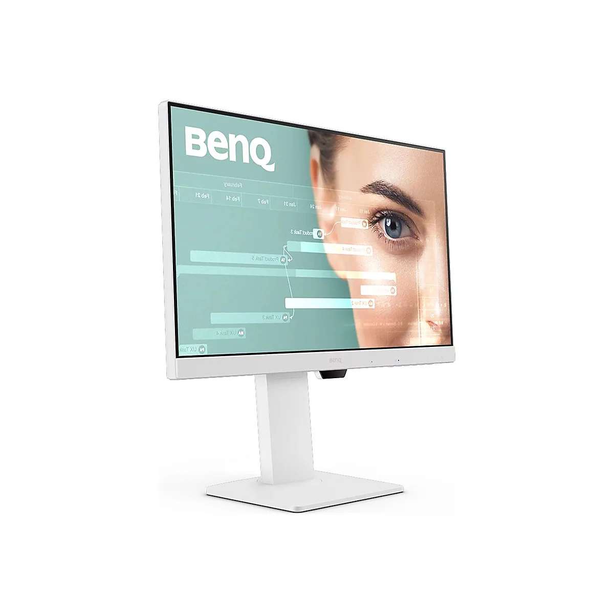 Weißer BenQ-Monitor mit Frauengesicht auf dem Bildschirm, vor weißem Hintergrund.