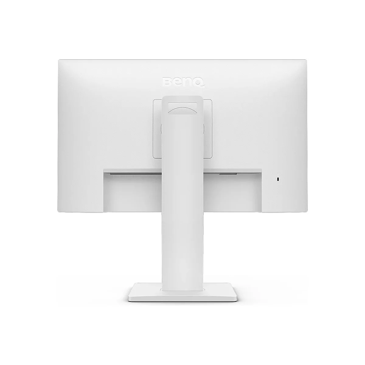 Rückseite eines weißen BenQ-Monitors mit Standfuß. Das BenQ-Logo ist oben zentriert. Auf der Rückseite sind Anschlüsse zu sehen.