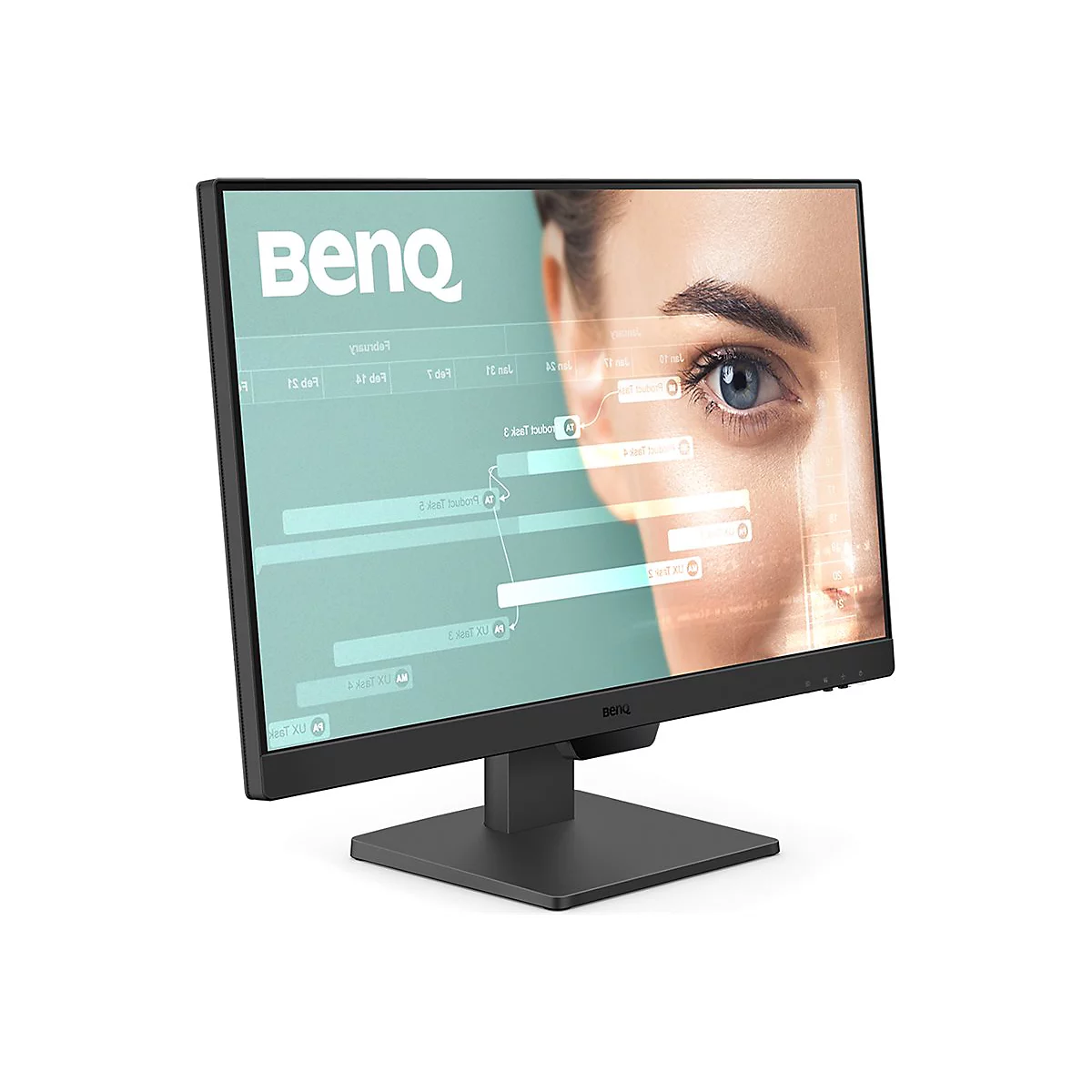 Schwarzer BenQ-Monitor mit Frauengesicht auf dem Bildschirm. Der Monitor steht auf einem quadratischen Fuß.