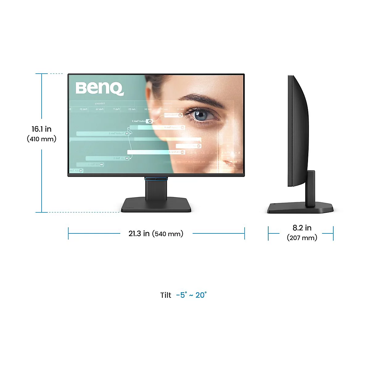 Ein schwarzer BenQ-Monitor mit Maßen. Auf dem Bildschirm ist ein Auge mit Daten-Overlay zu sehen. Größenangaben: 16,1 Zoll hoch, 21,3 Zoll breit, 8,2 Zoll tief. Kippen: -5° ~ 20°.