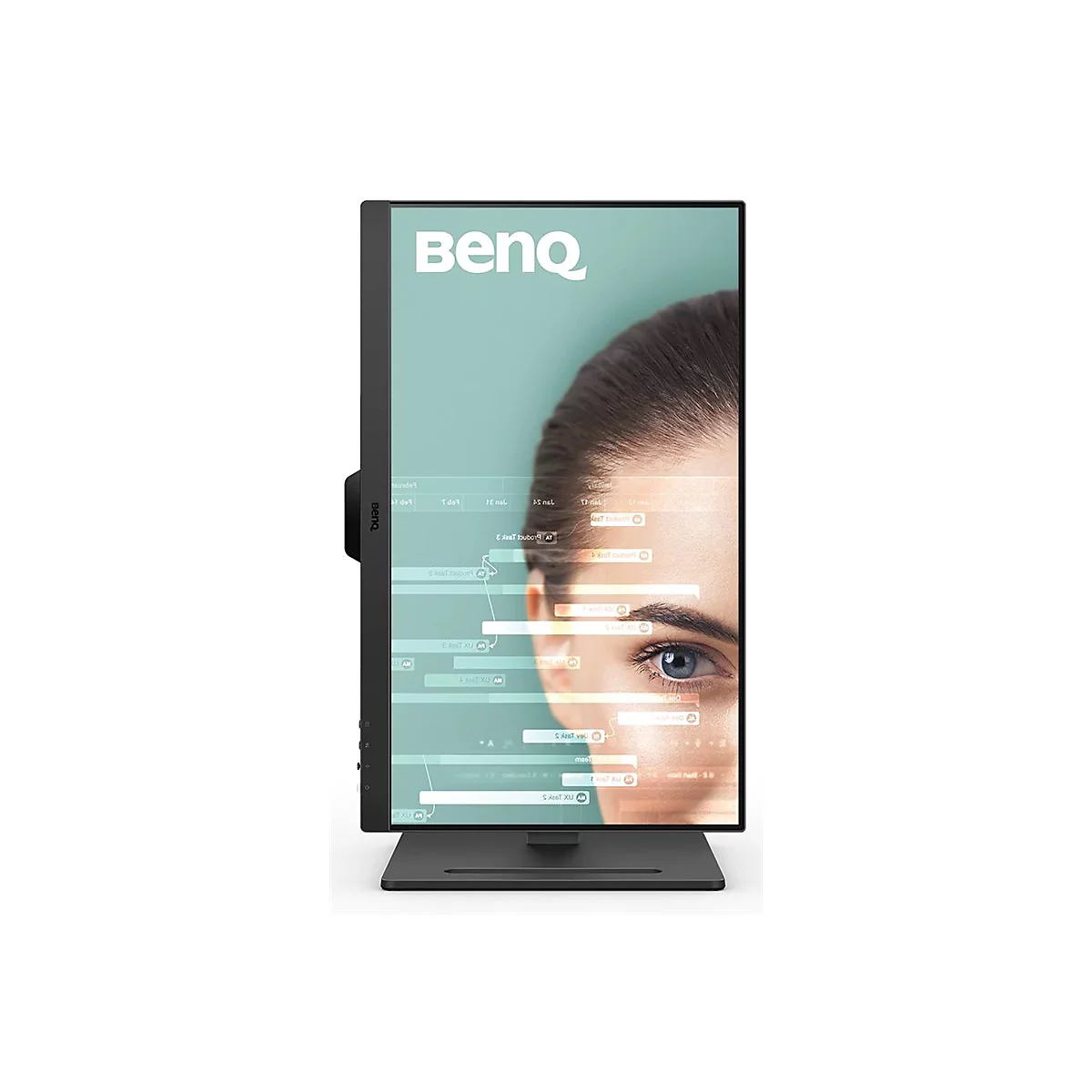 Un moniteur BenQ noir affichant un œil et du texte. Le logo de la marque est visible en haut à gauche.