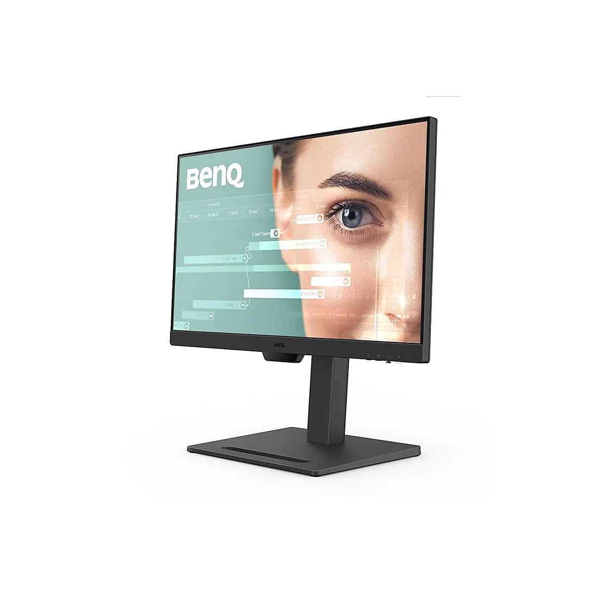 Ein schwarzer BenQ-Monitor mit Standfuß. Auf dem Bildschirm ist ein blaues Auge mit Datenanzeige zu sehen.