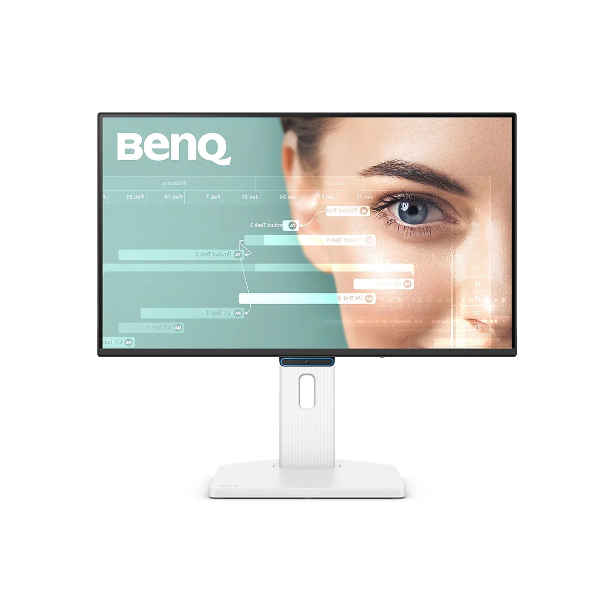 Le moniteur BenQ est présenté sur un fond blanc, l'écran affiche un œil avec des schémas. En dessous, le pied.