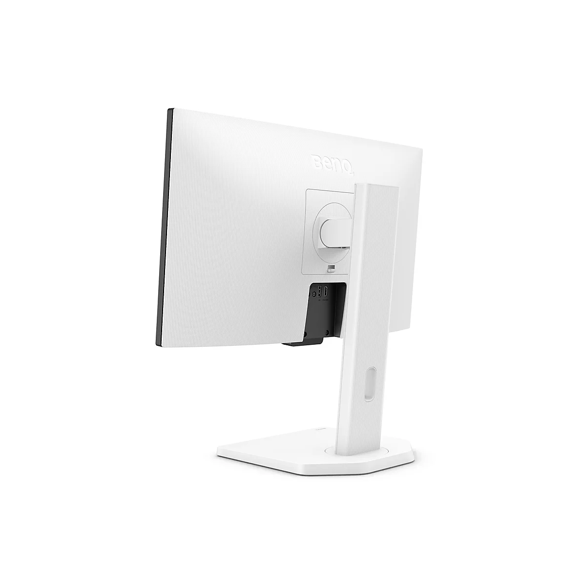 Vue arrière d'un moniteur blanc avec pied. La surface du moniteur et du pied est nervurée. Le nom "BenQ" est écrit sur le moniteur.