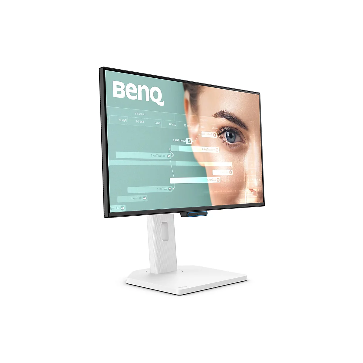 Ein BenQ-Monitor mit weißem Standfuß zeigt ein Bildschirmbild mit blauem Auge und Schriftzügen.