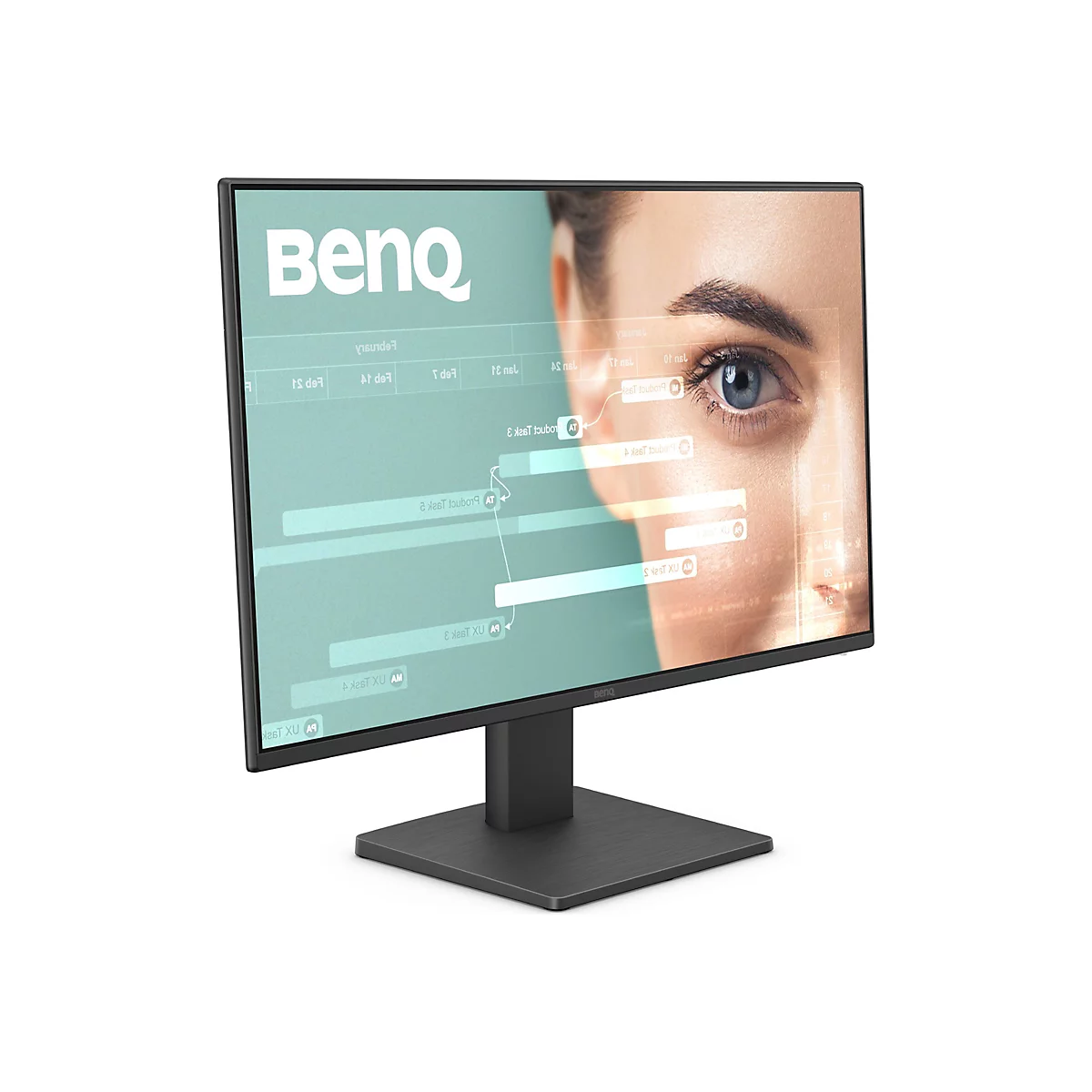 Ein schwarzer BenQ-Monitor mit einem Bild, das ein Auge zeigt. Auf dem Bildschirm sind Diagramme und der Markenname "BenQ" zu sehen.