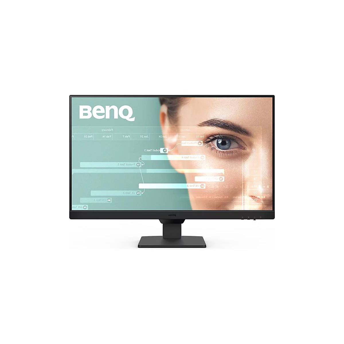 BenQ Monitor vor weißem Hintergrund zeigt eine Grafik mit dem Auge einer Frau und einem Projektzeitplan.