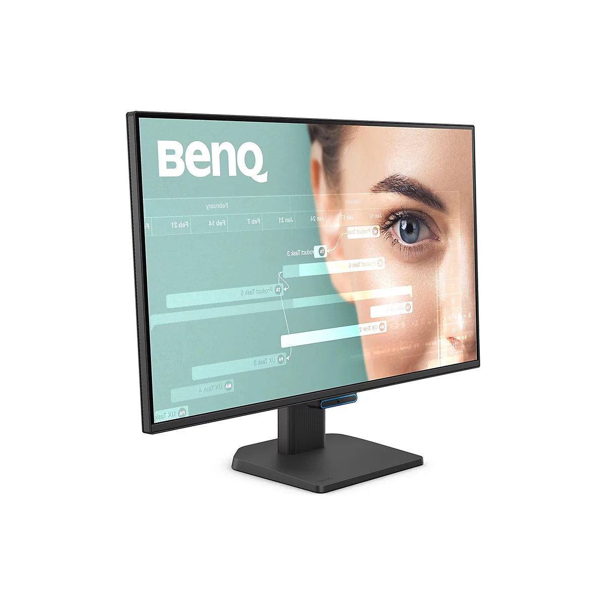 Un écran noir affiche le logo BenQ, derrière lequel se trouve un œil humain avec des informations superposées.