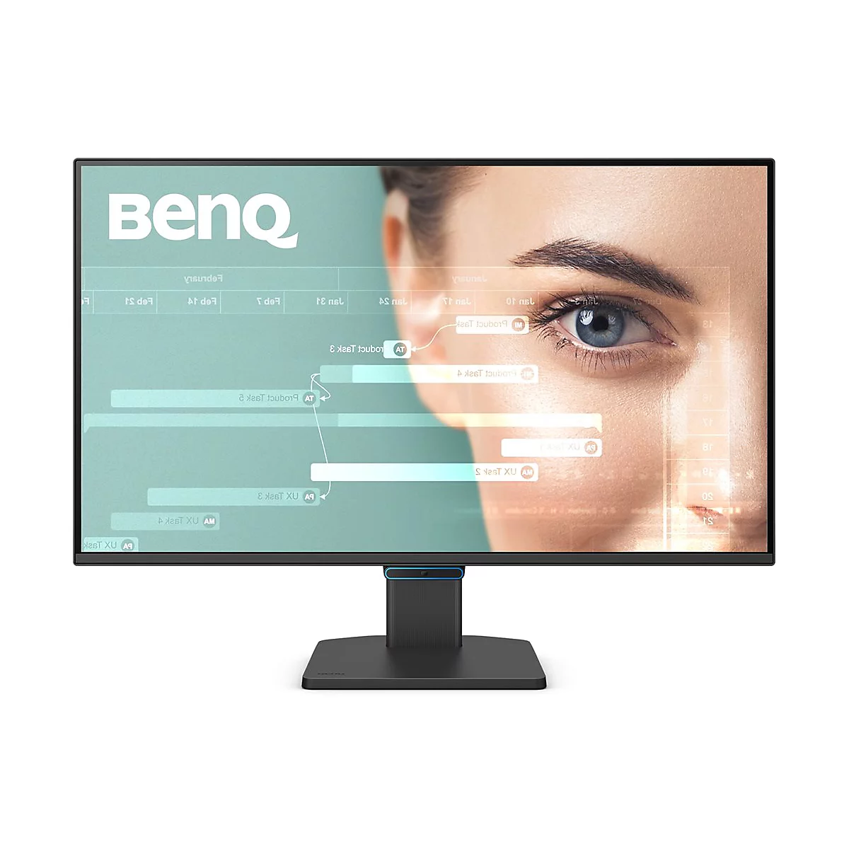 Der BenQ-Monitor zeigt ein Auge und Diagramme. Das Logo des Unternehmens ist oben links zu sehen.