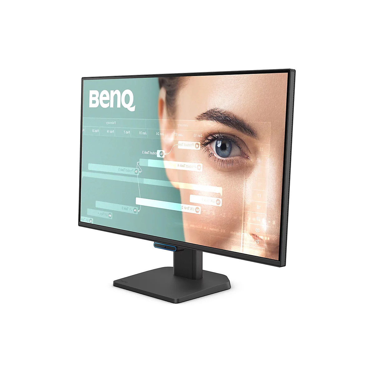 Ein schwarzer BenQ-Monitor mit einem Bild von einem Auge, auf dem sich Diagramme überlagern. Der Monitor steht auf einem schwarzen Fuß.