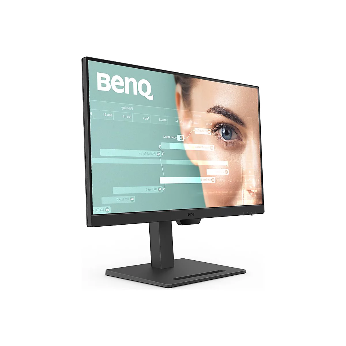 Schwarzer BenQ-Monitor mit Frauengesicht auf dem Bildschirm. Der Monitor steht auf einem schwarzen Fuß.