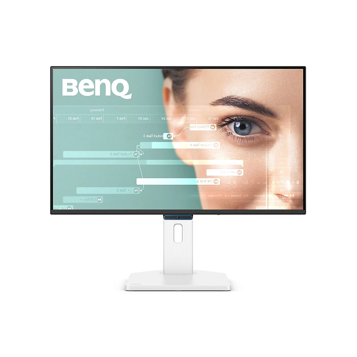 Ein Monitor mit einem schwarzen Rahmen vor weißem Hintergrund. Der Bildschirm zeigt ein menschliches Auge mit grafischen Elementen. Auf dem Bildschirm ist das Logo "BenQ" zu sehen.