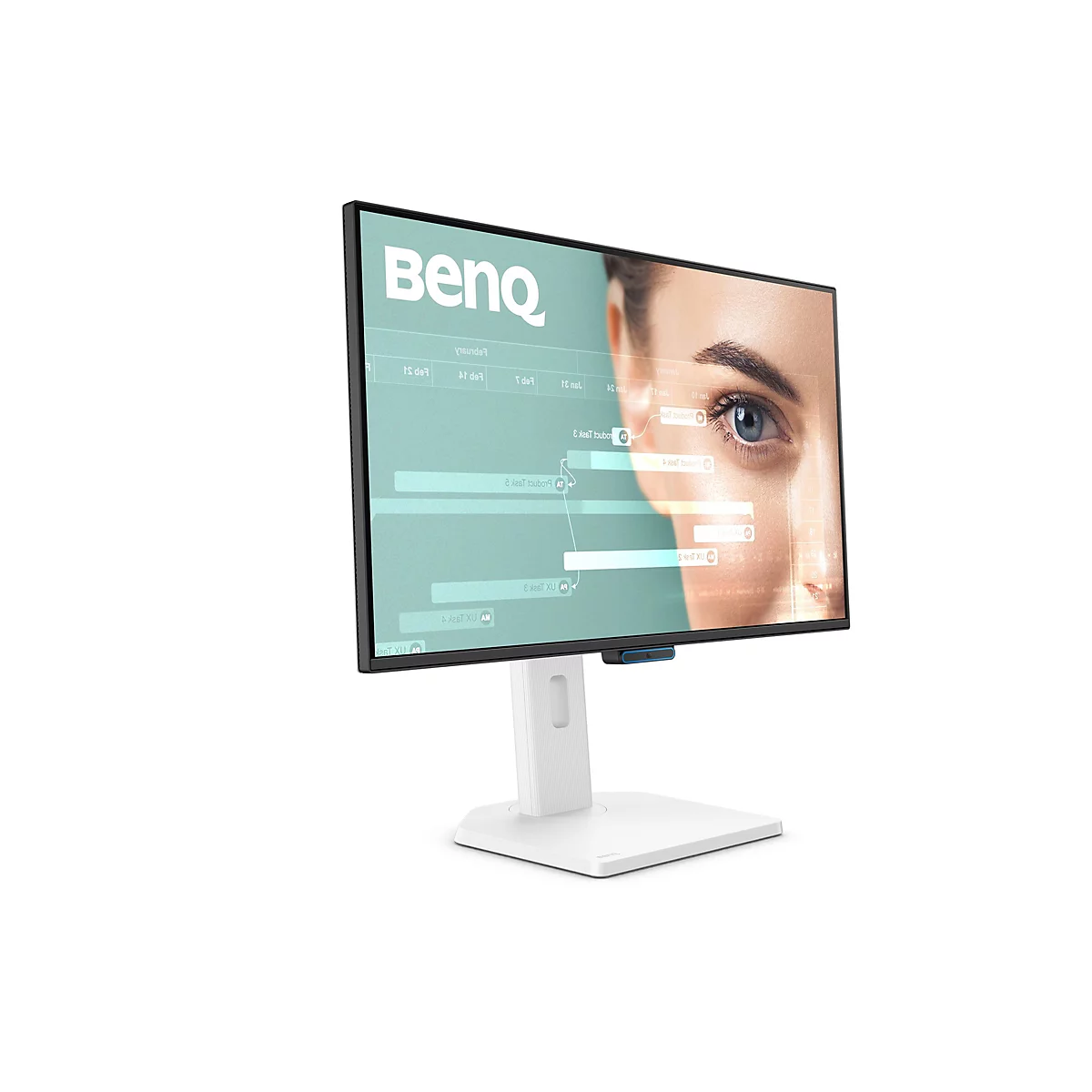 Der weiße BenQ-Monitor mit schwarzem Rahmen steht auf einem weißen Sockel. Auf dem Bildschirm ist ein Gesicht einer Frau und Text zu sehen.