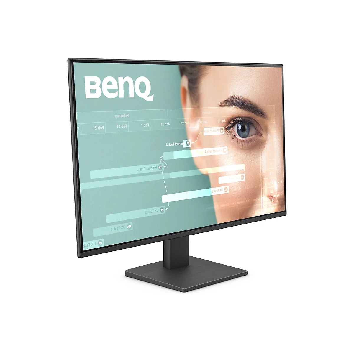 Ein schwarzer BenQ-Monitor mit Logo und Overlay eines menschlichen Auges. Das Auge ist blau und von einem Overlay mit Daten umgeben.