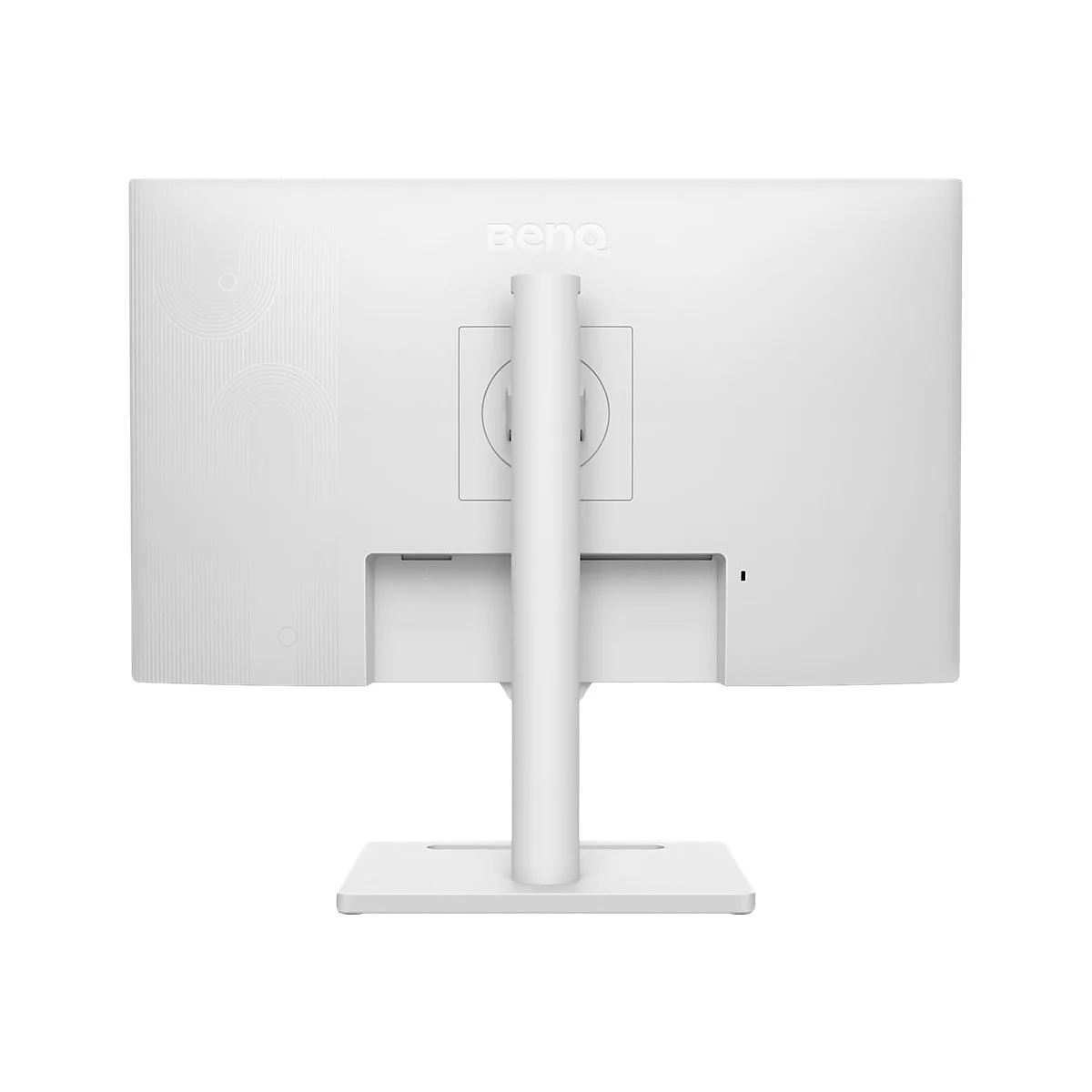 Vue arrière d'un moniteur BenQ blanc. Le pied et le boîtier sont également blancs.