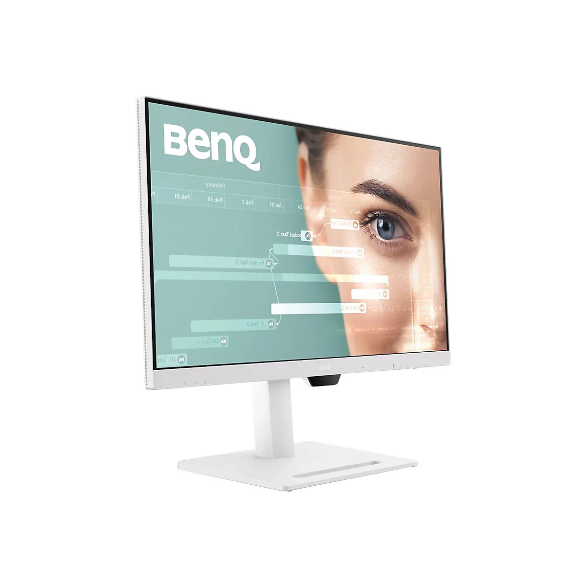 Moniteur blanc BenQ avec support. Un œil bleu est affiché sur l'écran avec des données superposées.