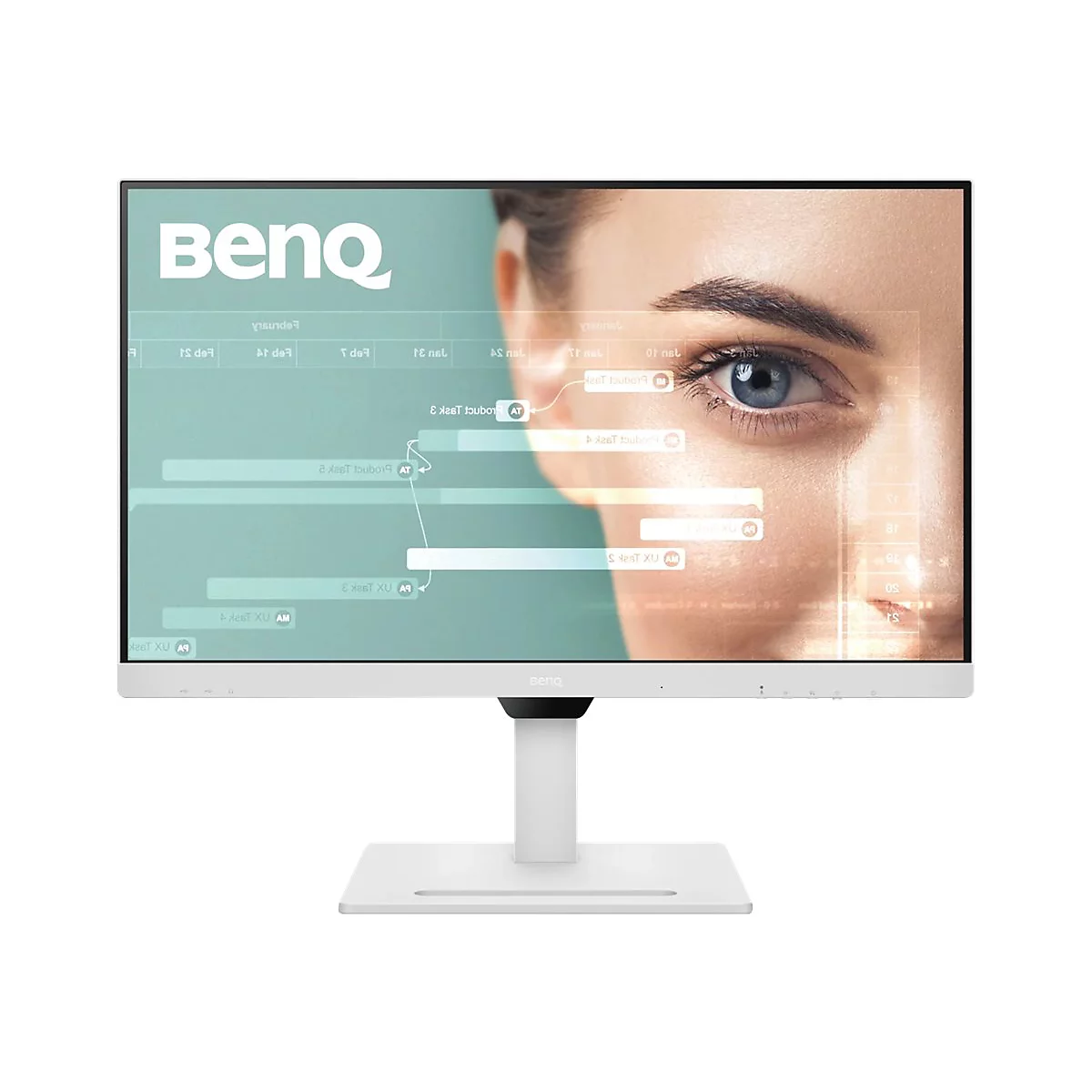Weißer BenQ-Monitor mit Display, auf dem ein Auge zu sehen ist. Der Standfuß des Monitors ist ebenfalls weiß.