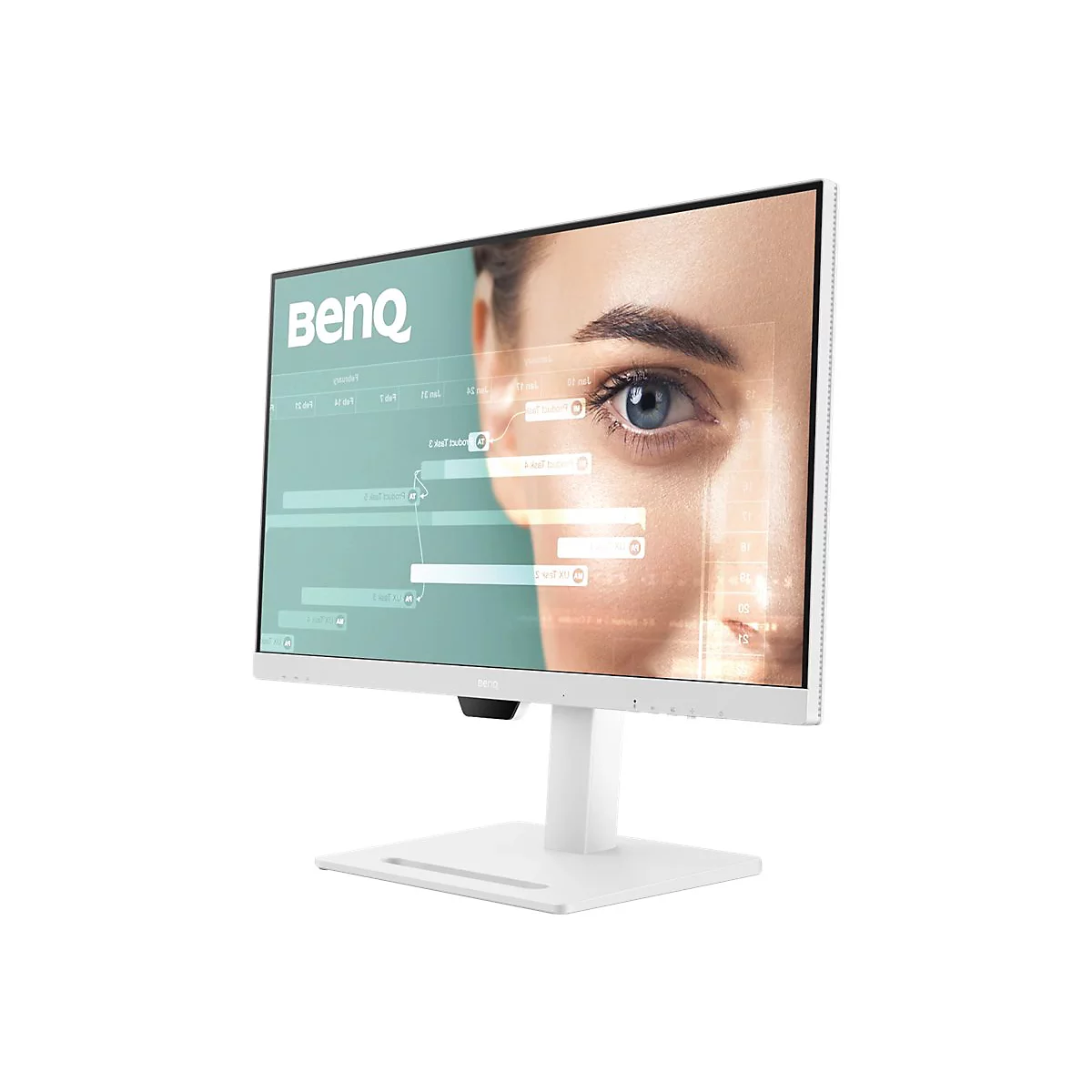 Weißer BenQ-Monitor mit Display, auf dem ein Auge mit Diagrammen gezeigt wird. Der Bildschirm steht auf einem weißen Ständer.