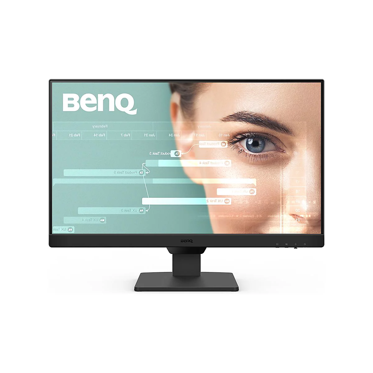Moniteur BenQ noir avec un œil bleu en arrière-plan, graphique à l'écran.