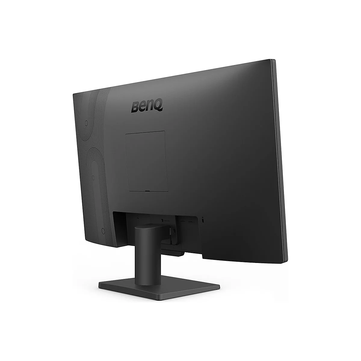 Moniteur BenQ noir, vue arrière. Inscription BenQ. Le moniteur repose sur un socle noir.