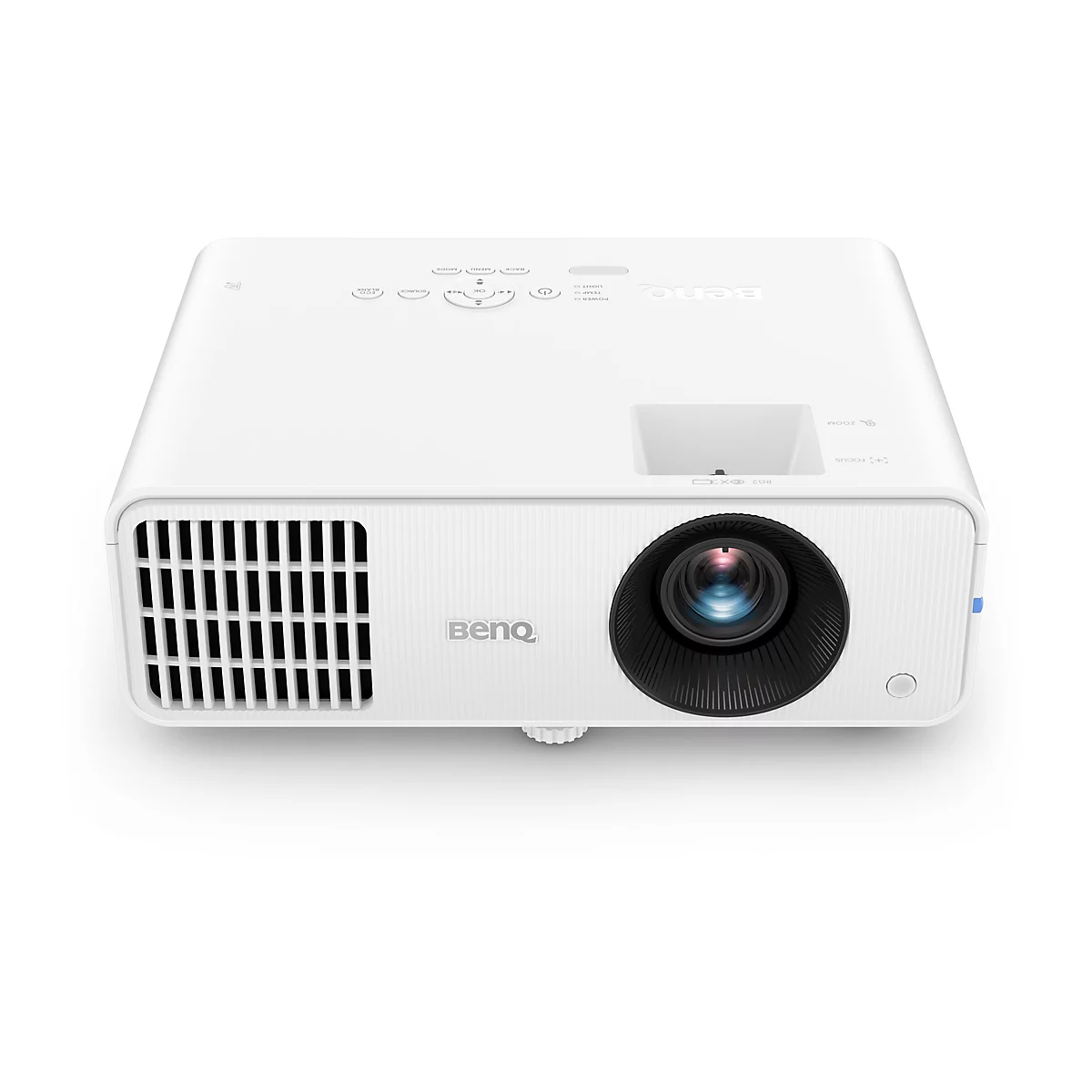 Projecteur BenQ blanc, vue de face. Il possède un objectif avec un bord noir, des ouïes d'aération et des boutons de commande.