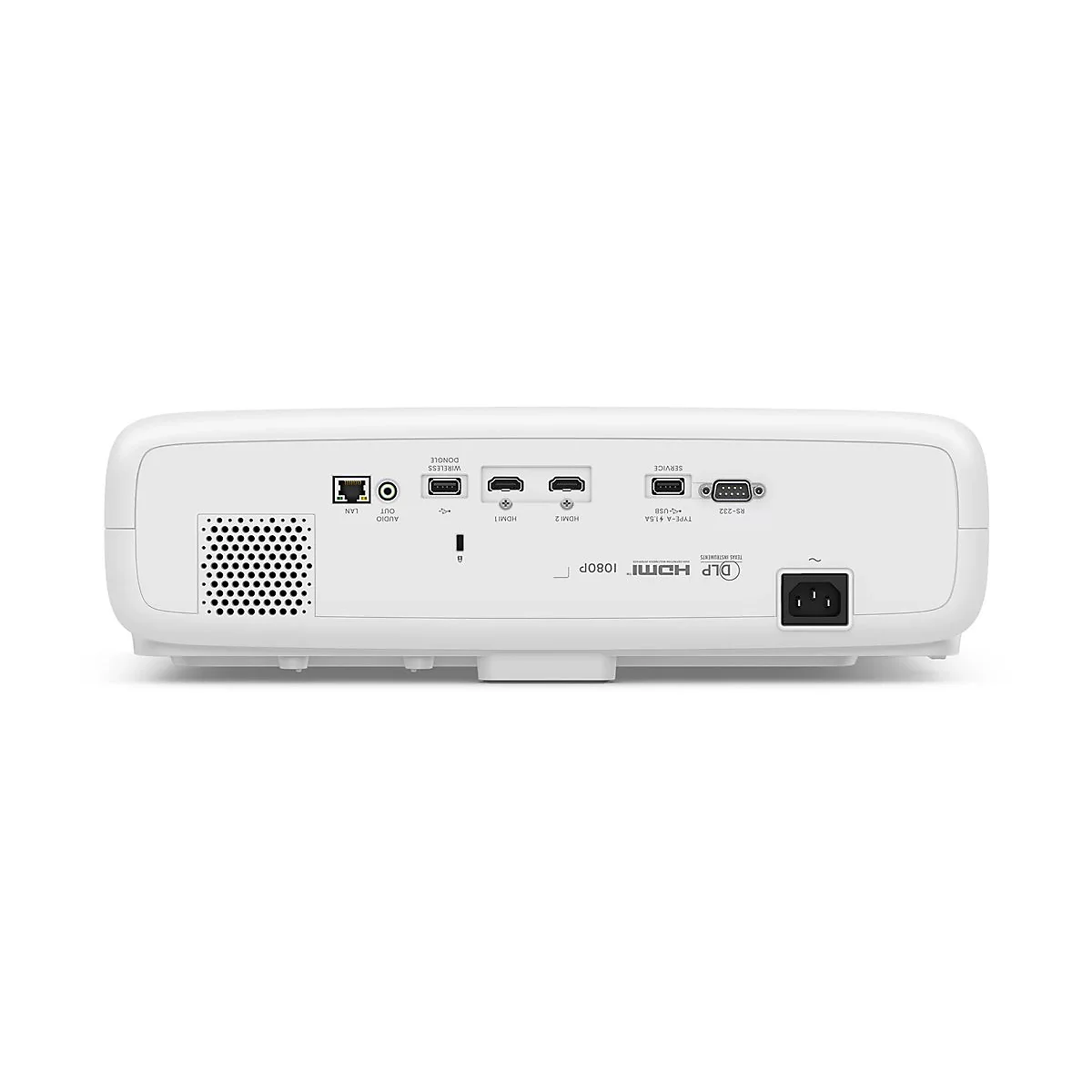 Rückansicht eines weißen Projektors mit zahlreichen Anschlüssen wie HDMI, USB, LAN und Audio.