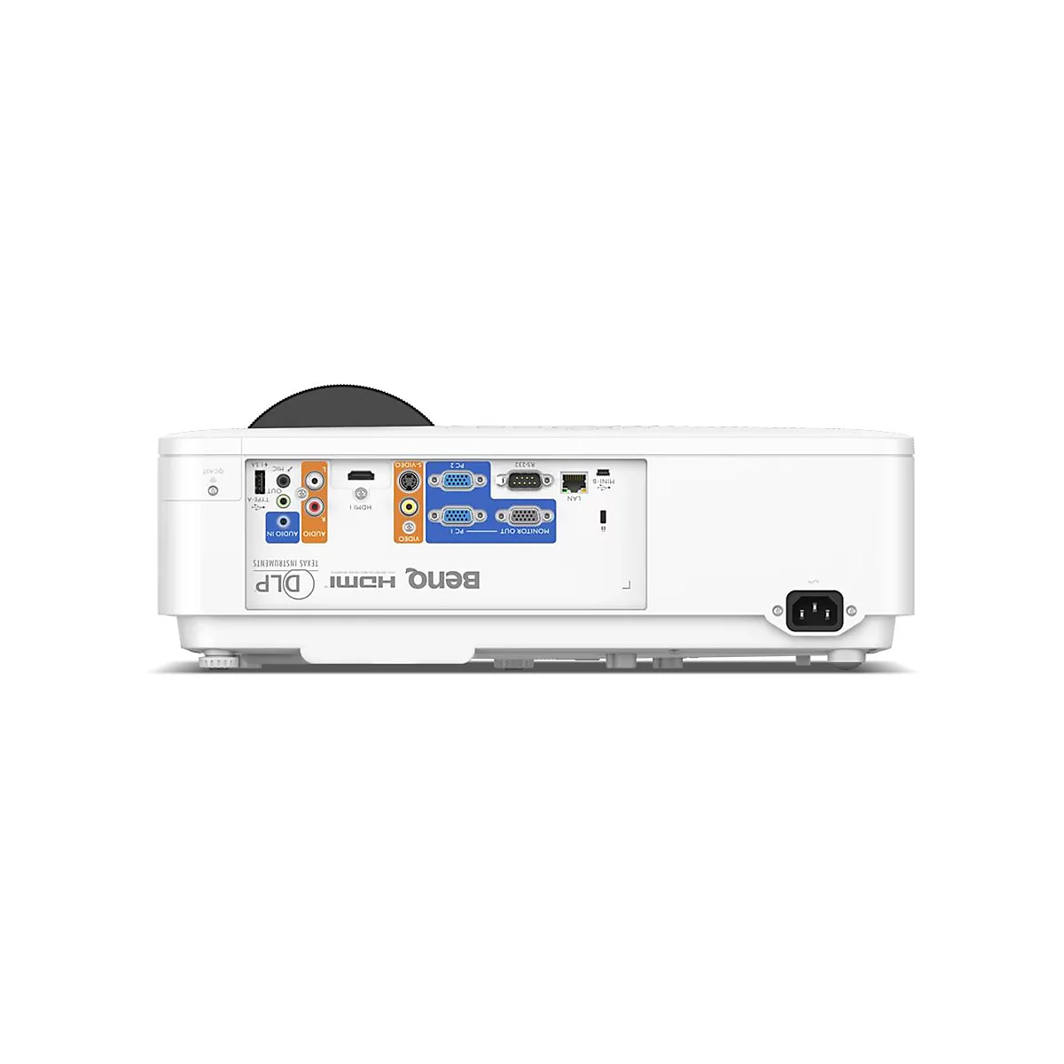 Nahaufnahme eines weißen Projektors mit Anschlussleiste. Anschlüsse beschriftet mit HDMI, S-Video, PC, RS-232, Monitor Out und Audio.