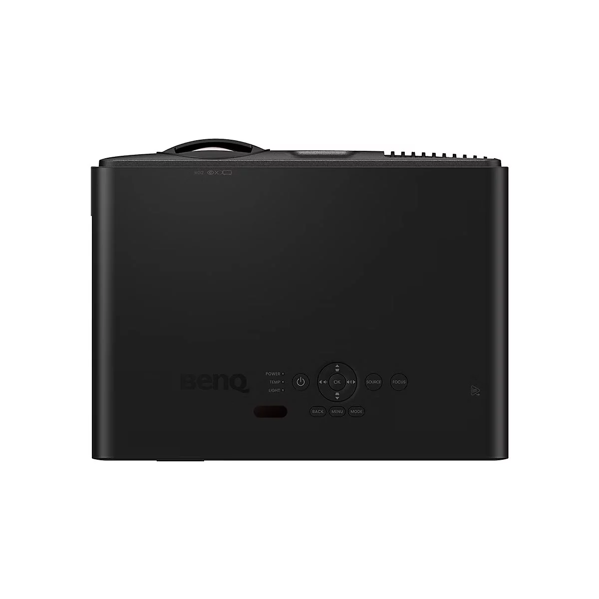 Projecteur noir avec boutons et logo BenQ. Une poignée sur le dessus, avec des boutons pour l'alimentation, la source et la mise au point.