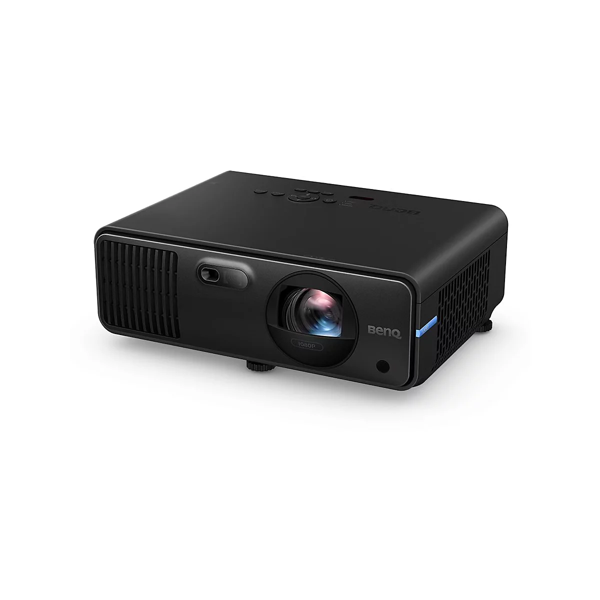 Projecteur BenQ noir, objectif en focus, 1080p, fond blanc.