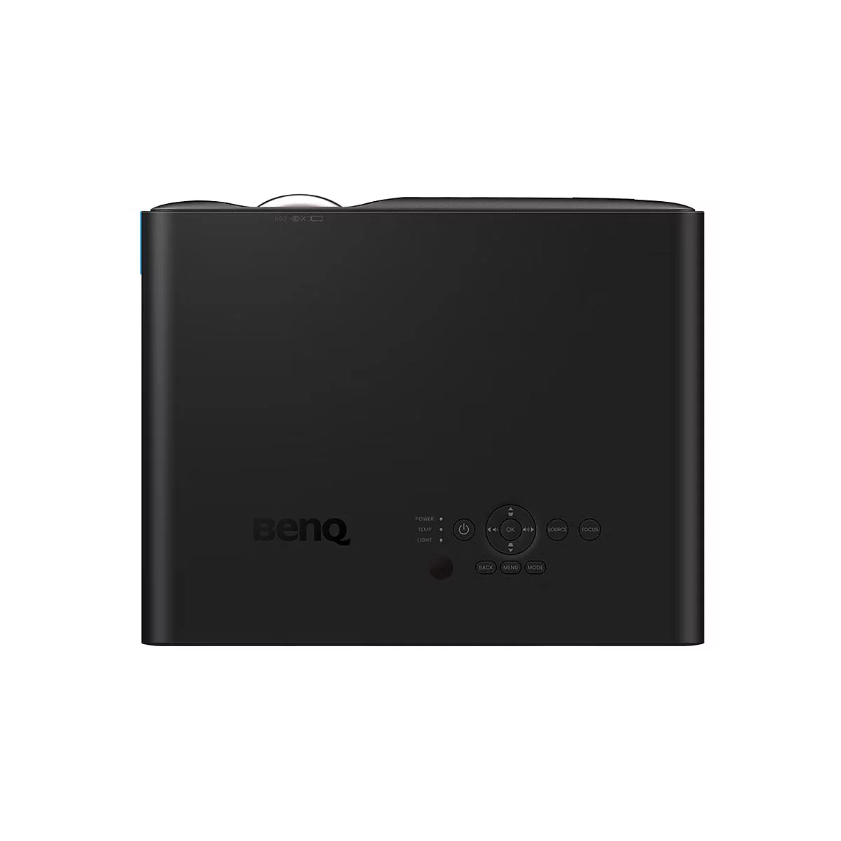 Ein schwarzer BenQ-Projektor mit Bedienelementen und dem BenQ-Logo. Das Objektiv ist oben.