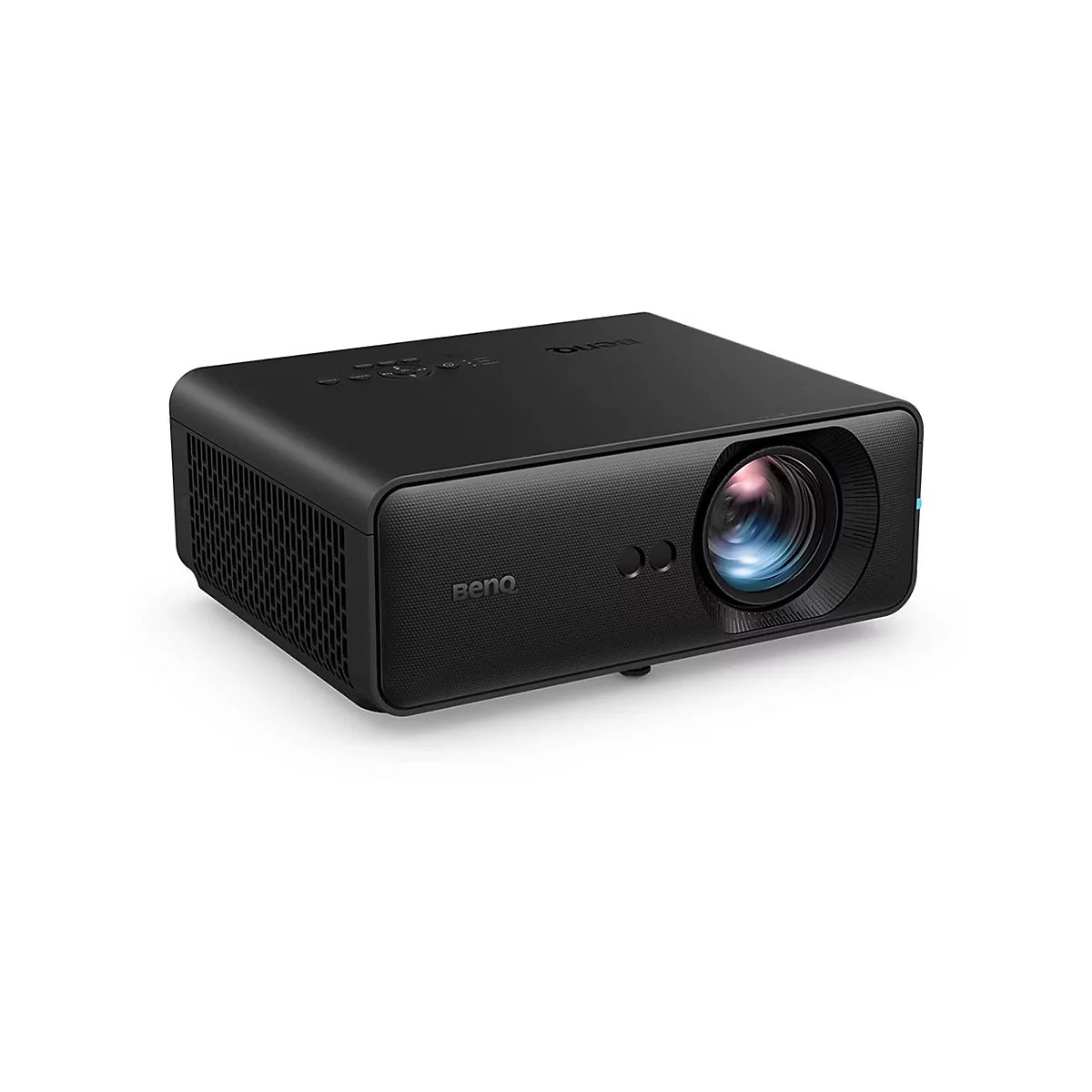 Schwarzer BenQ-Projektor, seitlich betrachtet, vor weißem Hintergrund. Das Objektiv, das BenQ-Logo und die Bedienelemente sind gut sichtbar.