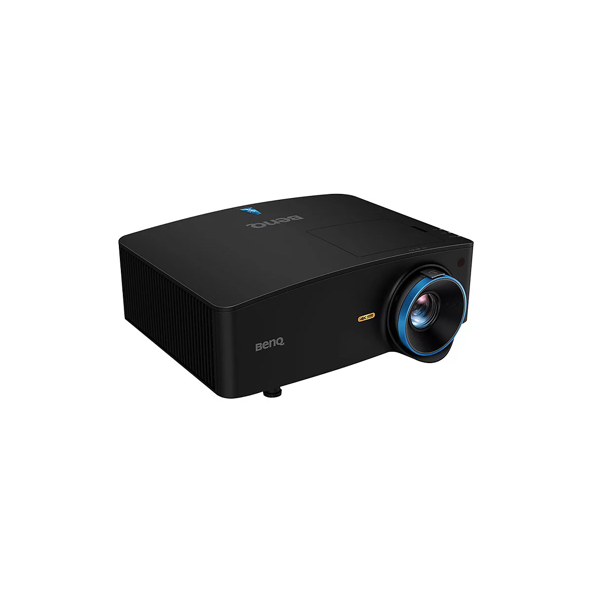Schwarzer BenQ Projektor, blauer Ring um das Objektiv, 4K HDR.