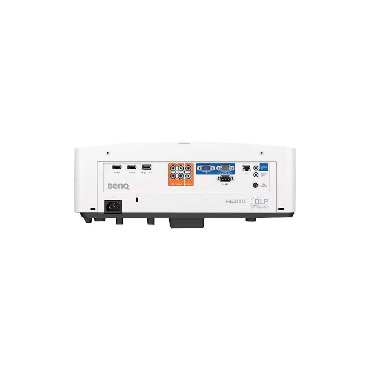 Rückseite eines weißen Beamers mit Anschlüssen. Links: Stromanschluss, HDMI, USB. Rechts: Audio, LAN, VGA-Anschlüsse, Aufschrift BenQ.