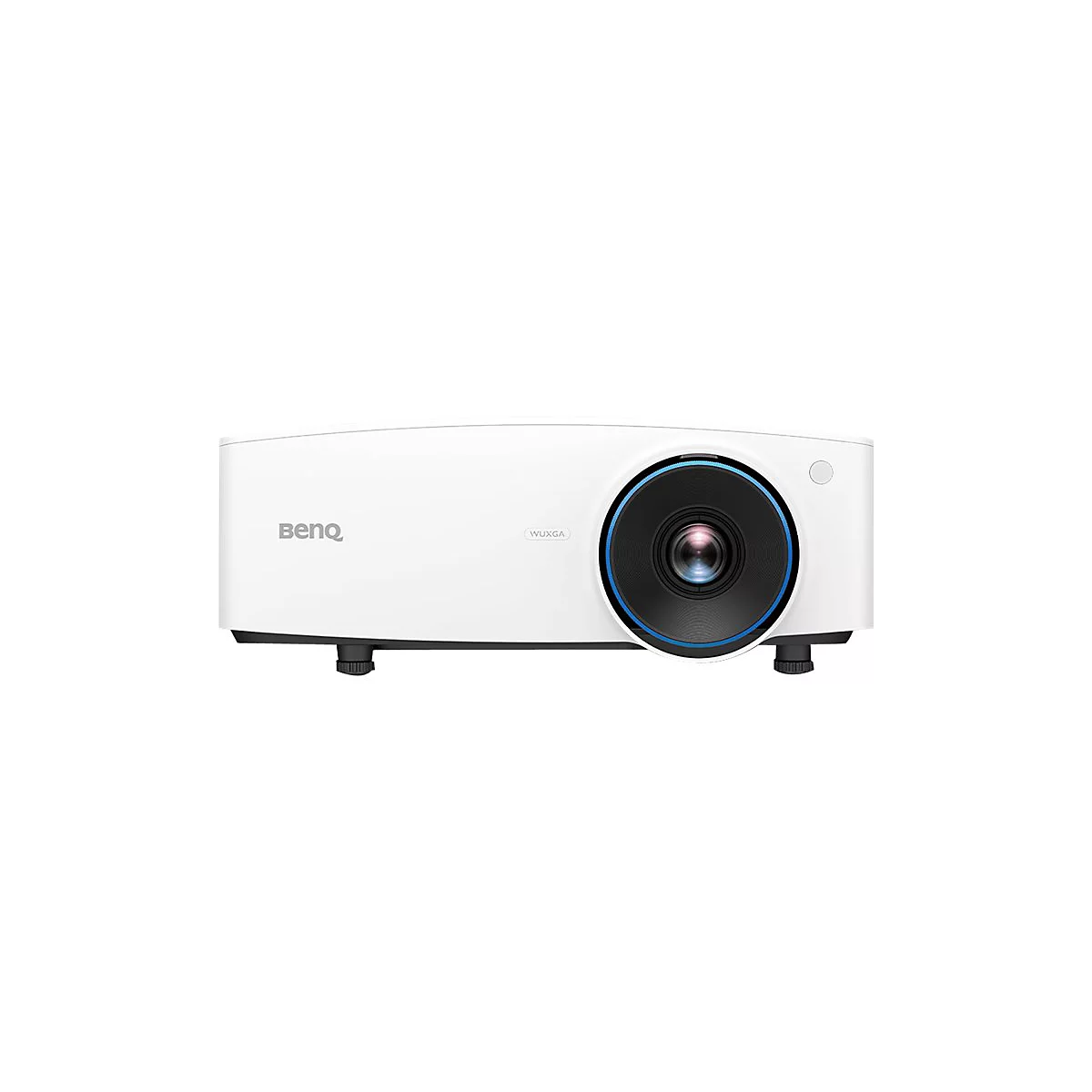 Weißer BenQ-Projektor mit großem Objektiv; blaue Akzente.
