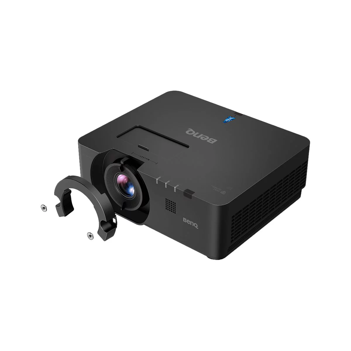 Schwarzer BenQ-Projektor, Detailansicht der Linse mit abgenommenem Objektivring.