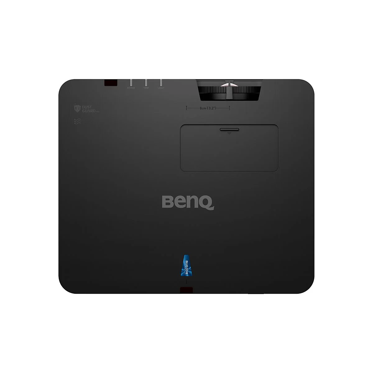Schwarzer Projektor mit „BenQ“-Logo. Oben Leuchtelemente. Aufschrift „Dust Guard“.