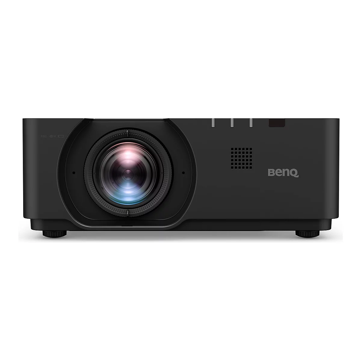 Ein schwarzer BenQ-Projektor, frontal abgebildet, mit Objektiv, Logo und Anschlüssen.