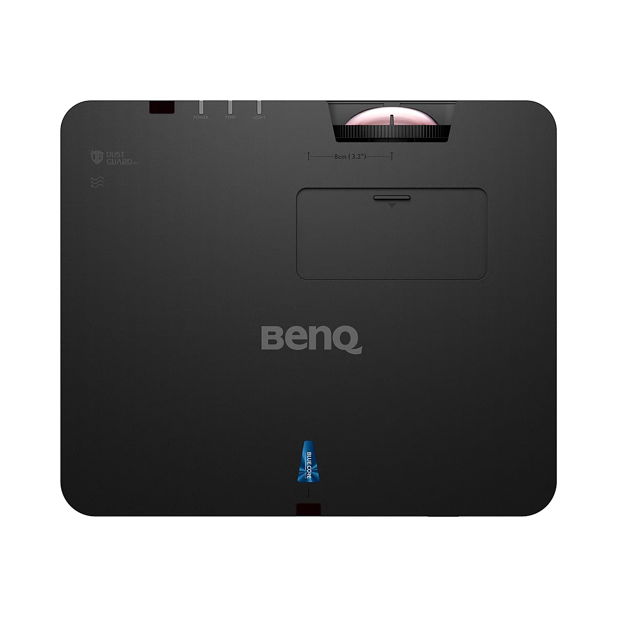 Schwarzer BenQ-Projektor, oben mit Bedienelementen, darunter BenQ-Logo und BlueCore-Label.