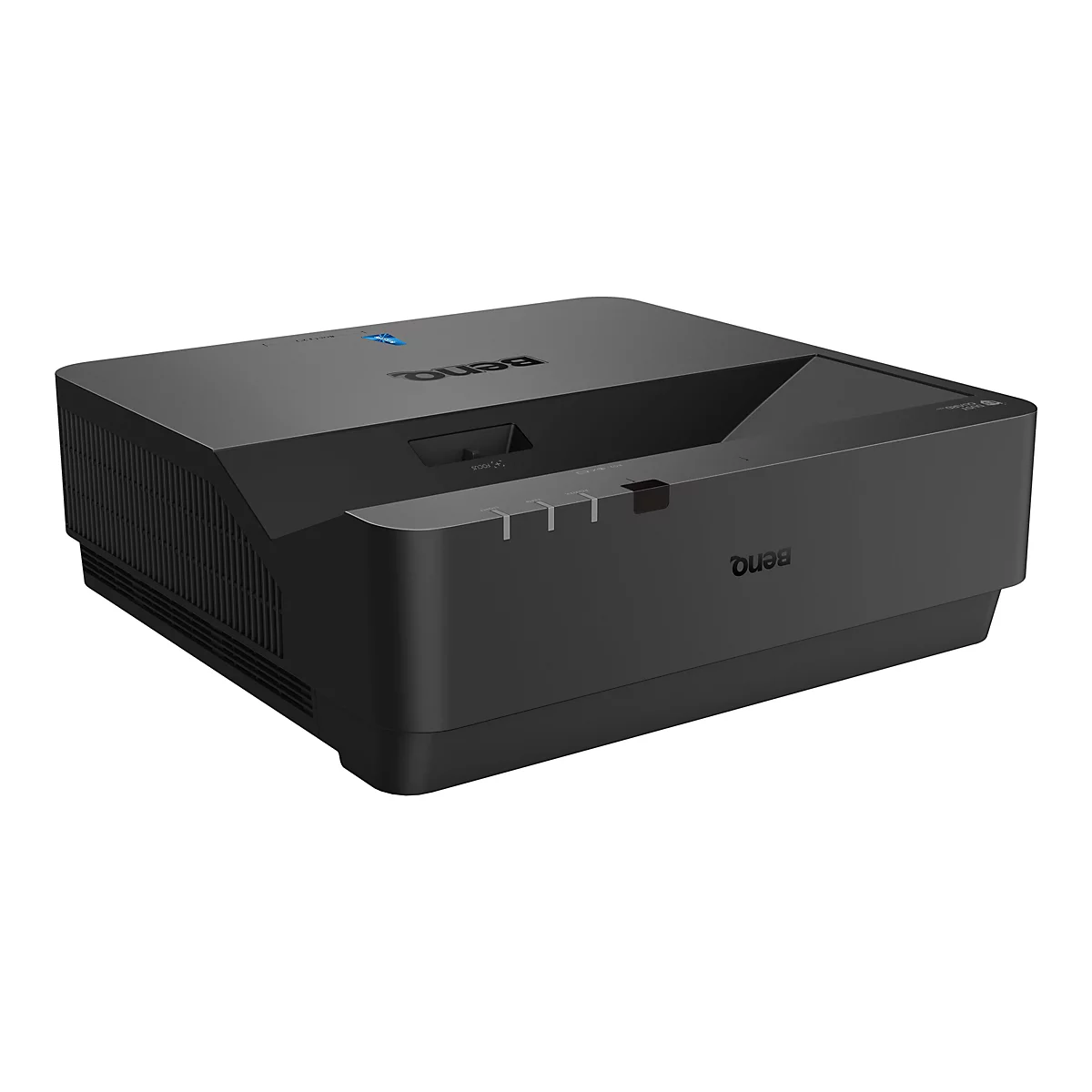 Schwarzer BenQ-Projektor, Detailansicht. Auf der Oberseite befinden sich das BenQ-Logo und ein Bedienfeld mit Optionen wie Focus und Power.