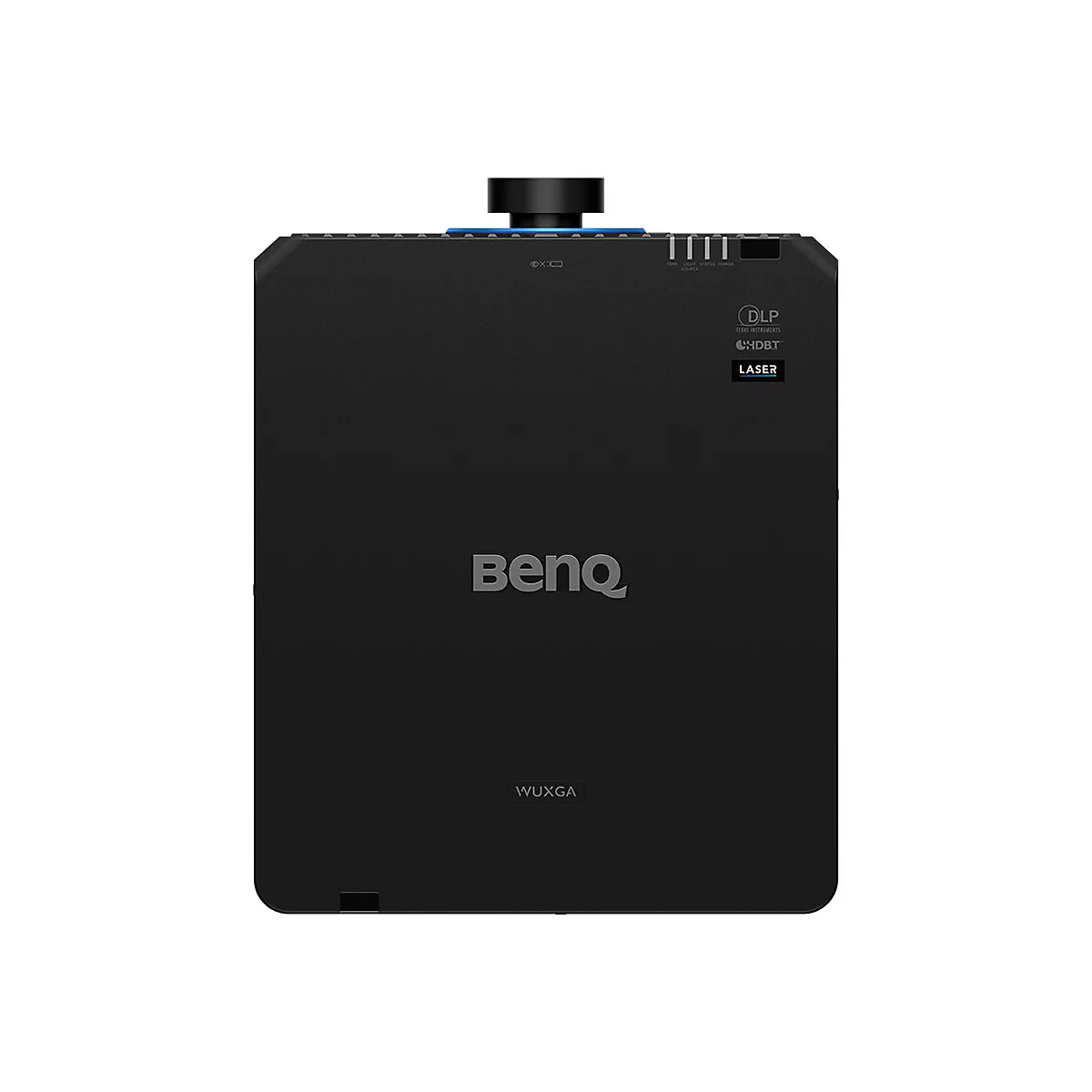 Schwarzer BenQ Projektor, von oben betrachtet. Logos, Anschlüsse und Schriftzüge sind erkennbar.