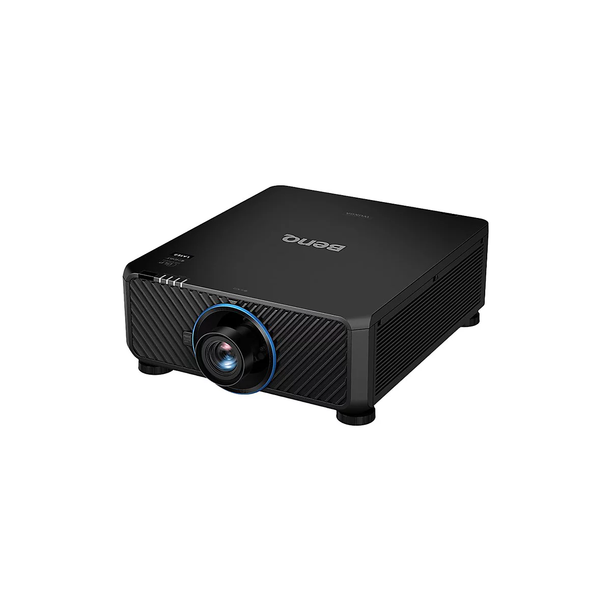 Schwarzer BenQ-Projektor, seitlich betrachtet. Blaue Details um Linse und auf der Oberseite. Schriftzüge: "BenQ", "VUXGA" und "DLP Laser".