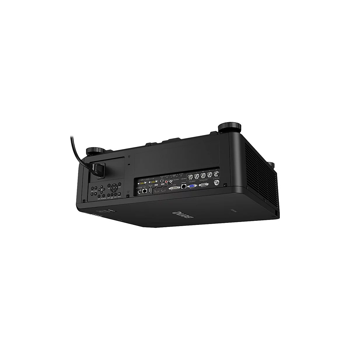 Schwarzer Projektor, Rückseite; Anschlüsse sichtbar, Kabel angeschlossen.