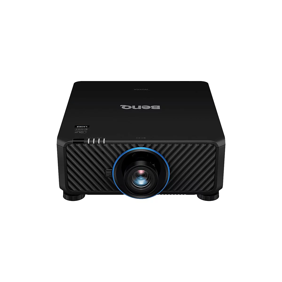 Schwarzer Projektor mit Objektiv und blauem Ring, BenQ-Logo. Laser, DLP und WUXGA Schriftzüge.