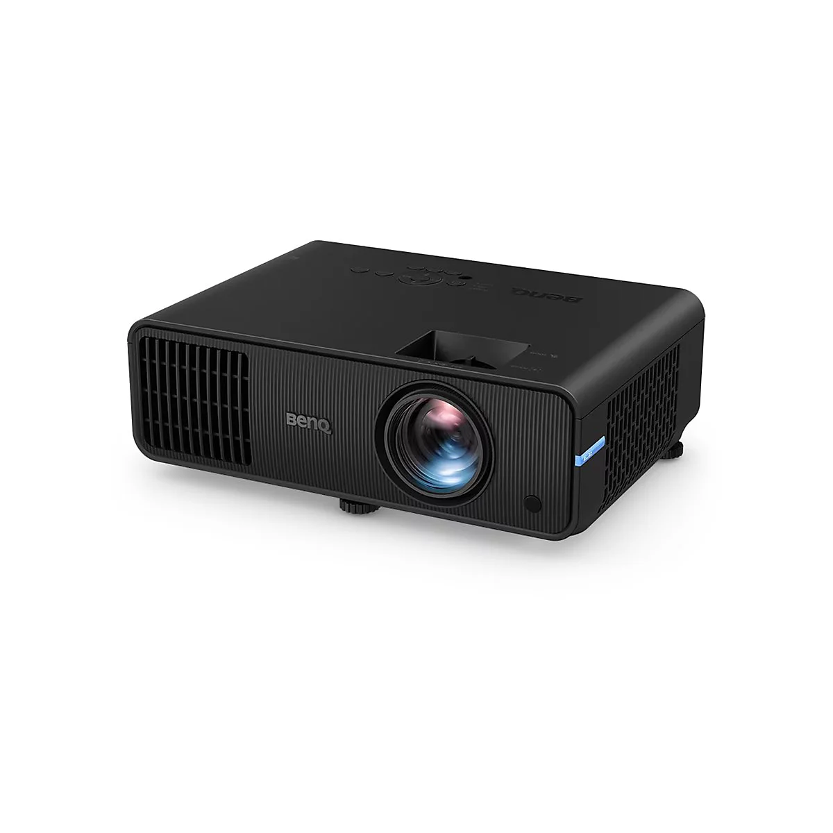 Schwarzer BenQ-Projektor, Vorderseite mit Linse, Lüftungsschlitzen und Markenschriftzug.