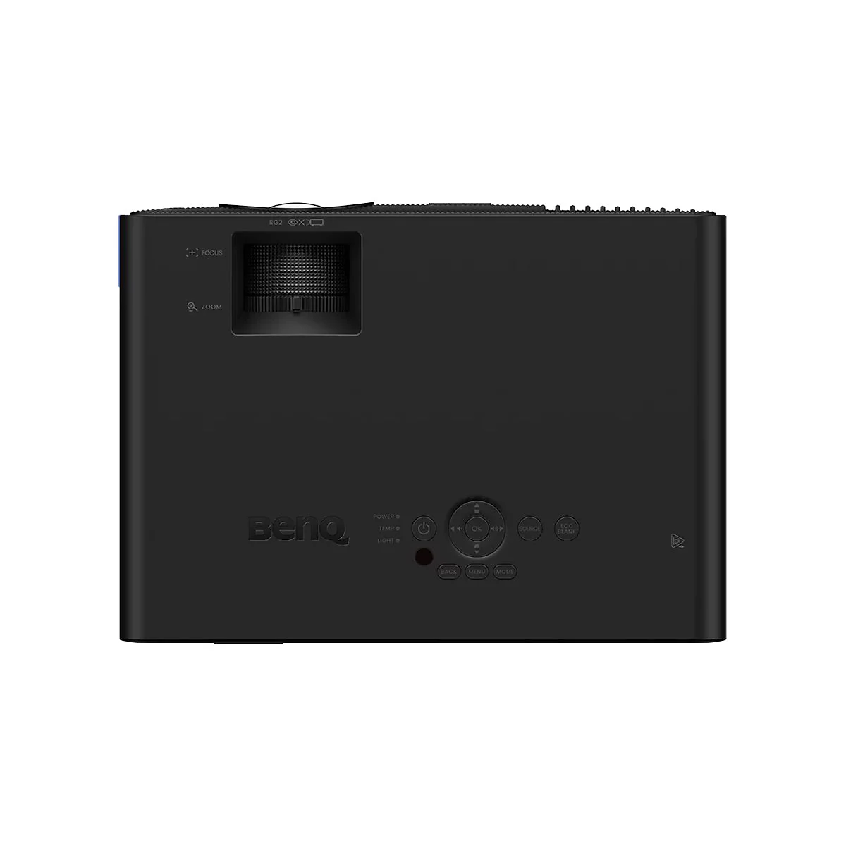 Schwarzer BenQ Projektor, Bedienelemente und Fokus-Zoom-Anpassungen oben. Knöpfe und Anzeigen darunter.