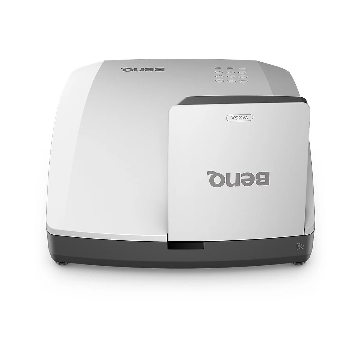 Grauer Projektor mit weißem Gehäuse, BenQ-Logo, WXGA-Aufkleber.