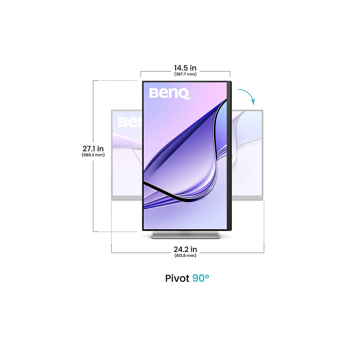Un moniteur BenQ avec des dimensions, rotatif à 90 degrés. L'écran affiche un design abstrait violet avec le logo blanc BenQ.