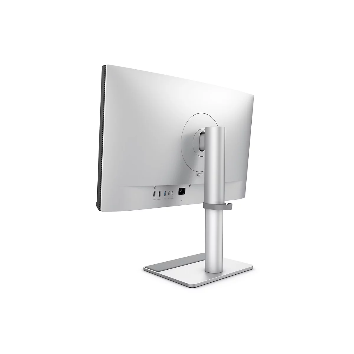 Arrière d'un moniteur argenté avec pied et divers ports. Le moniteur est représenté sur fond blanc.
