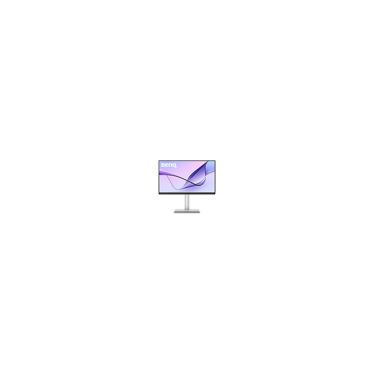 Un moniteur BenQ avec un pied argenté, l'écran affiche un motif abstrait en violet et blanc. Le nom de la marque est en haut à gauche.